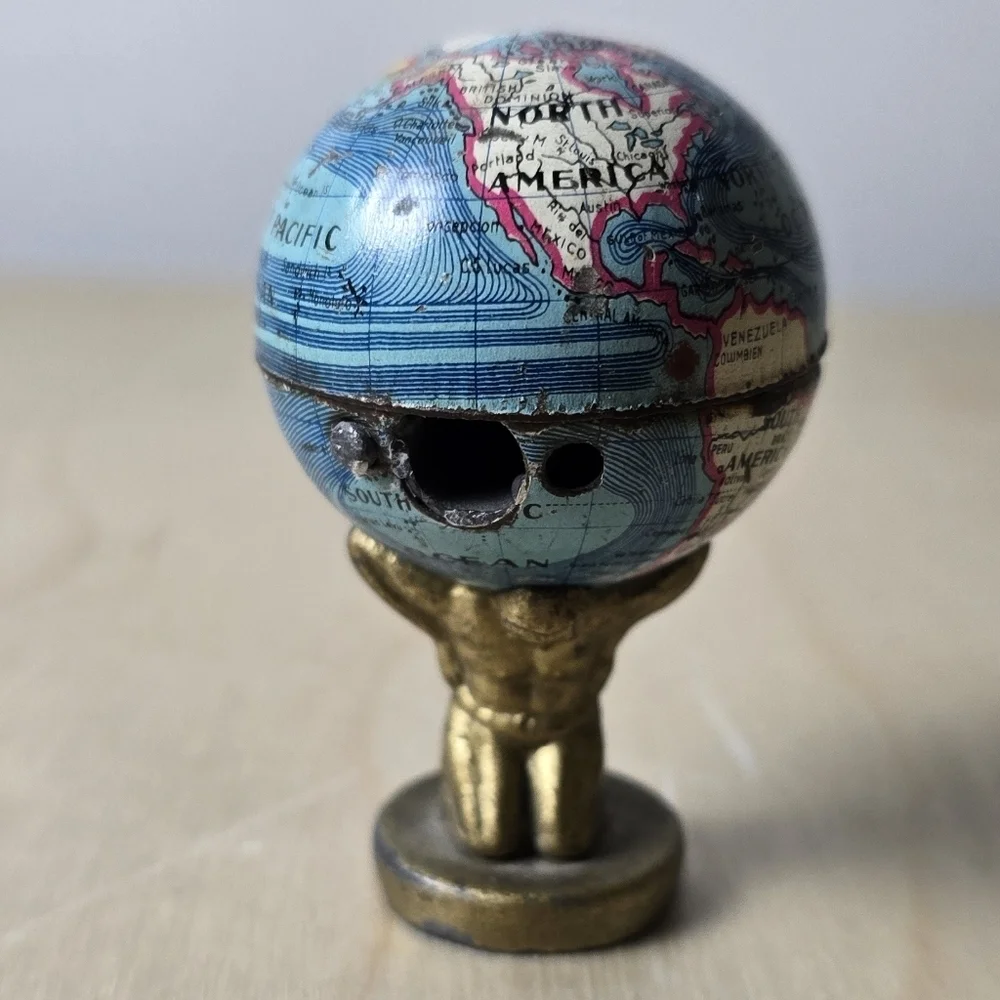 1920s Antique Atlas Holding Earth Pencil Sharpener Made In Germany Trade Routes